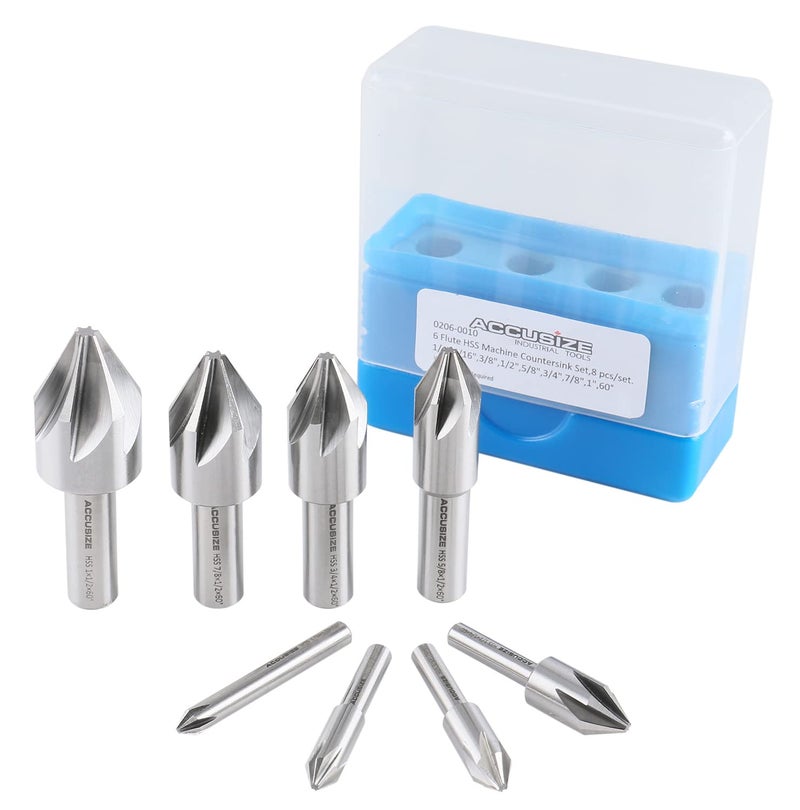 Accusize Industrial Tools 60 Degree 6 Flute H.S.S. Machine Countersink, 8 Pcs, Precision Ground, 0206-0010 - Image 2